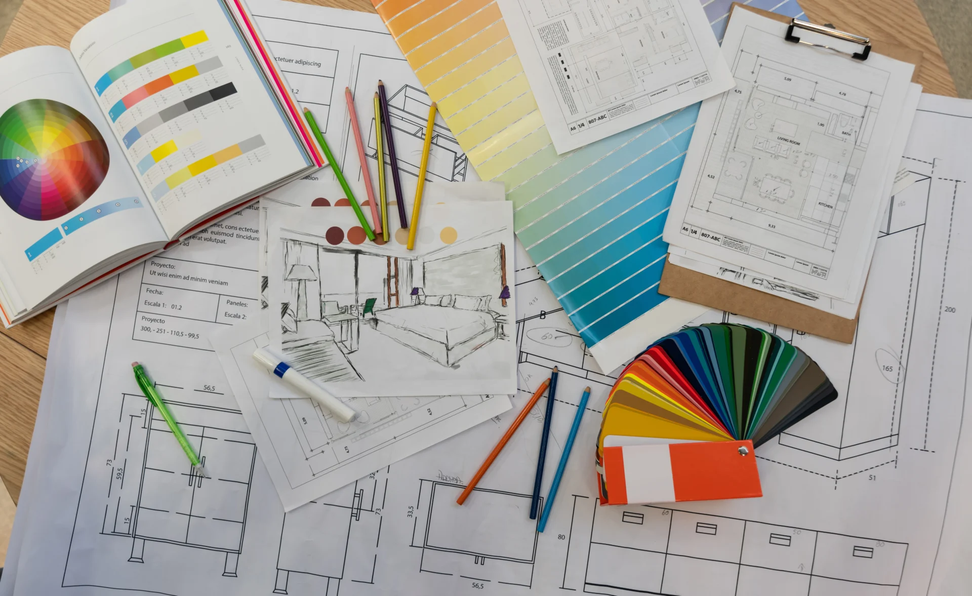 Skizzen, Farbfächer und Pläne auf einem Tisch – Symbol für die durchdachte Planung bei 4D Bauprojekte GmbH.